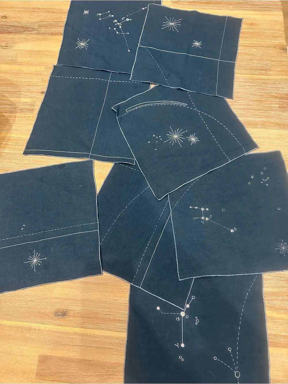 Set of 8 Celestial Constellation Cloth Napkins 10x10 Navy Blue Silver Embroidery